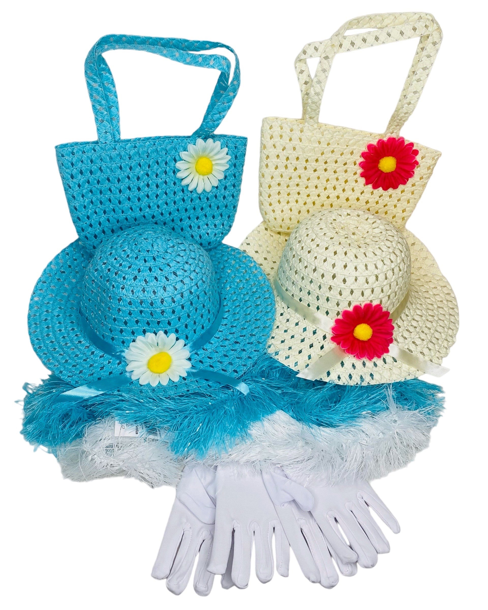 Girls Tea Party Dress Up Set Blue & White Hats Purses Boas Gloves