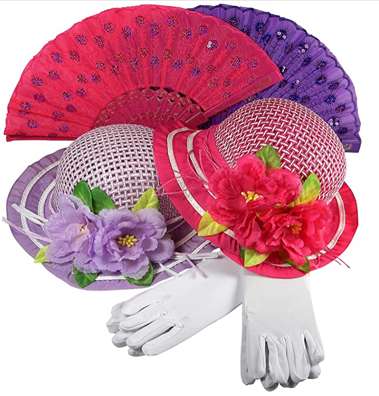 Girls Tea Party Dress Up Play Set For 2 with Sun Hats Gloves Hand Fans