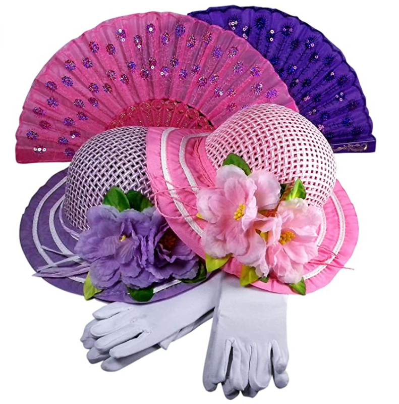 Girls Tea Party Dress Up Play Set For 2 with Sun Hats Gloves Hand Fans