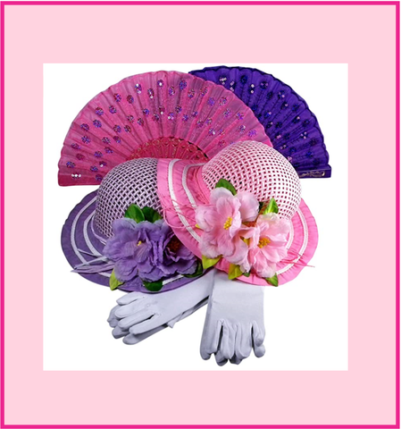 Girls Tea Party Dress Up Hat with Pink Boa Parasol and White Gloves