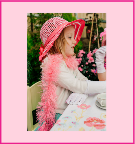 Girls Tea Party Dress Up Play Set for Two with Sun Hats and White Gloves