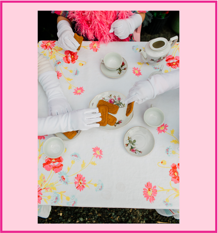 Girls Tea Party Dress Up Play Set for Two with Pink Sun Hats and White Gloves