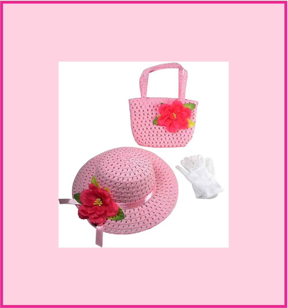 Girls Tea Party Dress Up Play Set with Sun Hat, Purse, and White Gloves
