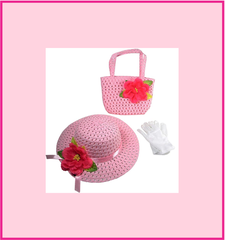 Girls Tea Party Dress Up Hat with Pink Boa Parasol and White Gloves