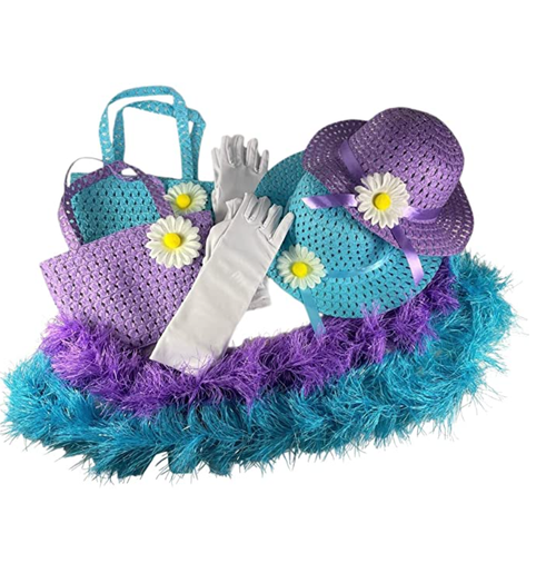 Girls Tea Party Dress Up Set Purple & Blue Hats Purses Boas Gloves