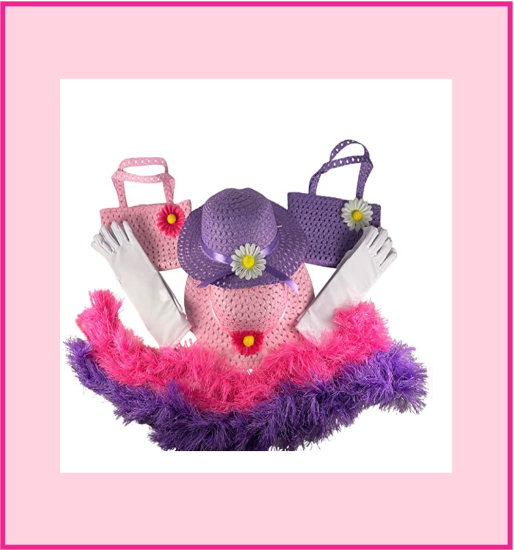 Girls Tea Party Dress Up Set Pink & Purple Hats Purses Boas Two Pairs Gloves