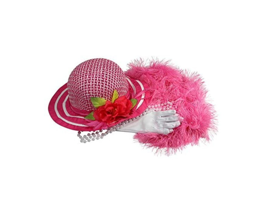 Girls Tea Party Dress Up Play Set with Fuchsia Sun Hat, Boa, Long White Gloves