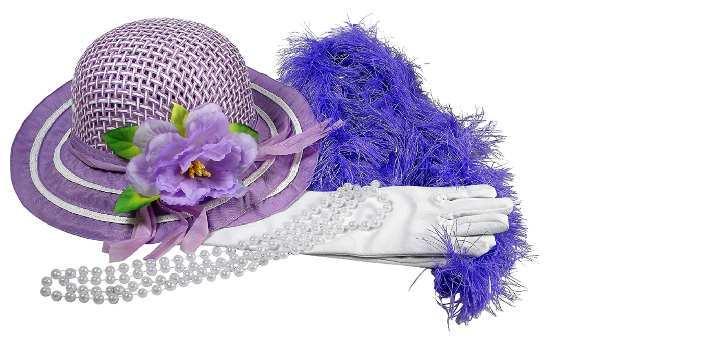 Girls Tea Party Dress Up Play Set with Purple Sun Hat, Boa, Long White Gloves