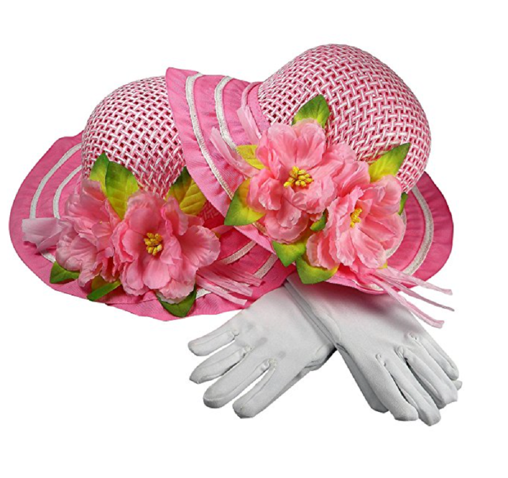 Girls Tea Party Dress Up Play Set for Two with Pink Sun Hats and White Gloves